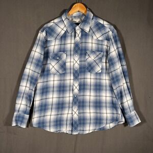Wrangler Wrancher Pearl Snap Shirt Mens XL Blue White Plaid Cowboy Western Rodeo